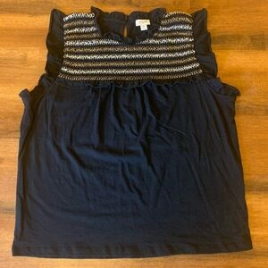 J.crew women’s medium top. navy ruffle stripe front sleeveless embroidered